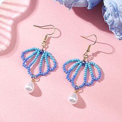 Темно-Голубой Серьги-подвески из стеклянных бусин в форме ракушки, с 304 нержавеющей стали серьги крючки, золотые, глубокое синее небо, 61.5x31 мм