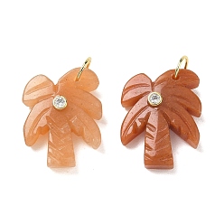 Red Aventurine Natural Red Aventurine Carved Pendants, Coconut Tree Charms with Brass Pave Clear Cubic Zirconia Findings, Golden, 26.5x20.5x7.5mm, Hole: 6.5mm