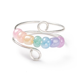 Бледно-Розовый Кольцо-манжета с вращающимся стеклянным бисером, ювелирные изделия из посеребренной медной проволоки для снятия стресса при тревоге, розовый жемчуг, размер США 9 3/4 (19.5 мм)