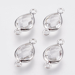 Clear Glass Links connectors, with Brass Findings, Faceted Teardrop, Nickel Free, Real Platinum Plated, Clear, 14x7x3mm, Hole: 1.2mm