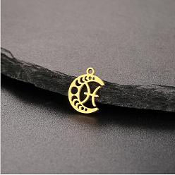 Рыбы Настоящее 18к позолота 304 подвески из нержавеющей стали, лазерная резка, фаза луны с созвездием талисман, Рыбы, 13x10x1 мм, отверстие : 1.2 мм