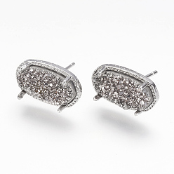 Light Grey Natural Druzy Agate Stud Earrings, with Real Platinum Plated Brass Findings, Oval, Dyed, Light Grey, 15x9mm, Pin: 1mm