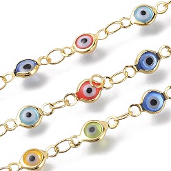 Mixed Color Handmade Evil Eye Lampwork Link Chains, Soldered, with Brass Findings, with Spool, Long-Lasting Plated, Flat Round, Golden, Mixed Color, 10x4.5x2mm, Hole: 1.5mm, about 32.8 Feet(10m)/roll