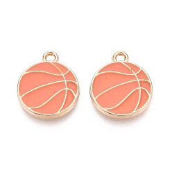 Коралловый Стойки обшивки сплава эмали подвески, плоский круглый и баскетбольный мяч, без кадмия, без никеля и без свинца, золотые, коралл, 18x15x2 мм, отверстие : 1.8 мм