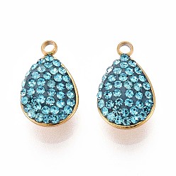 Темно-бирюзовый 201 подвески из нержавеющей стали с ионным покрытием (IP), слеза, с полимерной глиной горный хрусталь, реальный 18 k позолоченный, темные бирюзовый, 13.5x8~8.5x4.5~5 мм, отверстие : 1.5~1.6 мм