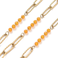 Оранжевый 304 цепи из нержавеющей стали, ионное покрытие (ip), со стеклянными бусинами, реальный 18 k позолоченный, пайки, с катушкой, оранжевые, 12x4x1 мм, около 32.81 футов (10 м) / рулон