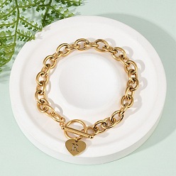 Letter R Золотые 304 браслеты с подвесками из нержавеющей стали, ювелирные изделия из кабельной цепи для женщин, сердце с письмом, с Переключить застежками, Буква R, 8.27 дюйм (21 см)