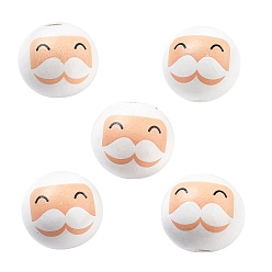 Белый Рождественские печатные европейские бусины из дерева схима, круглые, Дед Мороз, белые, 19x17.5 мм, отверстие : 5 мм