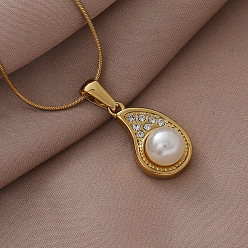 Золотой 304 ожерелья из нержавеющей стали с искусственным жемчугом и прозрачным стеклом в форме капли, белые, золотые, 15.75 дюйм (40 см)