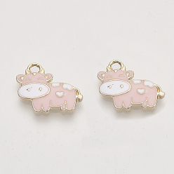 Pink Подвески из эмали и сплава, золотой свет, корова, розовые, 16x19x2.5 мм, отверстие : 2.5 мм