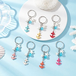 (52) Непрозрачная лаванда Брелки с синтетической бирюзой, с железными брелоками и стеклянными жемчужными бусинами, якорь и морская звезда, платина, разноцветные, 76.5 мм