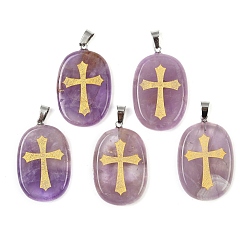Аметист Подвески из натурального аметиста , овальные с выгравированными золотыми крестиками, с дужками из нержавеющей стали, цвет нержавеющей стали, 38~39x25x7 мм, отверстие : 7x4 мм