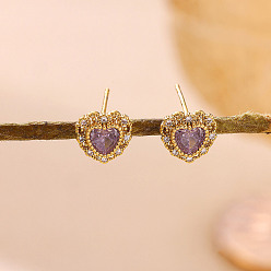 Real 18K Gold Plated Brass Micro Pave Cubic Zirconia Stud Earrings, Heart, Real 18K Gold Plated, 9x9mm