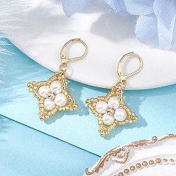 пшеница Стеклянные бусины ромбовидные серьги-русалки, с ракушечным жемчугом и 304 фурнитурой для сережек-русалок из нержавеющей стали, цвет пшеницы, 42x25 мм