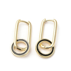 Black Real 18K Gold Plated Brass Ring Dangle Hoop Earrings, with Enamel, Black, 30x13mm
