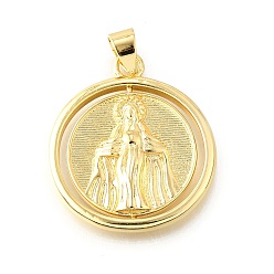 Настоящее золото 18K Латунные подвески, без кадмия и без свинца, вращающиеся подвески, плоский круглый с девственным узором, реальный 18 k позолоченный, 29x25.5x3.5 мм, отверстие : 6x4 мм