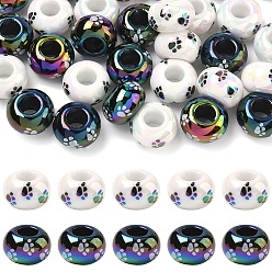 Mixed Color 30Pcs 2 Colors UV Plating Printed Opaque Acrylic European Beads, Rondelle with Footprint Pattern, Large Hole Iridescent Bead, Mixed Color, 13.5~14x8.5~9mm, Hole: 5.8mm, 15pcs/color