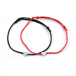 Platinum Nylon Thread Cords Bracelets, with Brass Beads, Lead Free & Cadmium Free, Heart, Platinum, 1-5/8 inch~3-1/8 inch(4~8cm), 2pcs/set