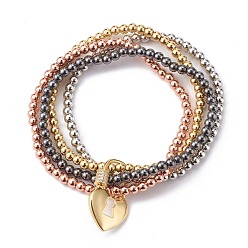 Mixed Color Brass Beads Stretch Bracelets, with Brass Micro Pave Cubic Zirconia Screw Carabiner Lock Charms, Heart, Mixed Color, Inner Diameter: 2-1/8 inch(5.5cm)
