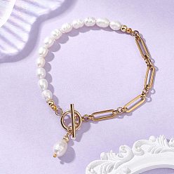 Настоящее золото 18K Браслеты из натурального культивированного пресноводного жемчуга, 304 браслеты из нержавеющей стали с цепочками Фигаро для женщин, реальный 18 k позолоченный, 7.72 дюйм (19.6 см)