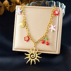 Золотой 304 Женские ожерелья-нагрудники из нержавеющей стали с пластиковыми вставками, солнце, вишня и цветок, красные, золотые, 16.38 дюйм (41.6 см)