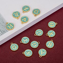 Turquoise Initial Letter A~Z Alphabet Enamel Charms, Flat Round Disc Double Sided Charms, Golden Plated Enamelled Sequins Alloy Charms, Turquoise, 14x12x2mm, Hole: 1.5mm, 26pcs/set