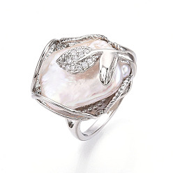 Платинированный Кольцо с натуральным барочным жемчугом, с латунными микрофианитами, регулируемыми открытыми кольцами-манжетами для женщин, лист, Реальная платина, 19~22x17~19 мм, внутренний диаметр: 17 мм