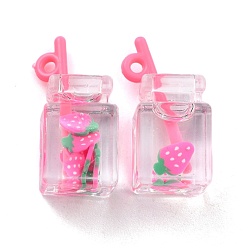 Erdbeere Transparente Harzanhänger, Imitationsgetränk, Flasche, Erdbeermuster, 26.3~27.5x12~13x11 mm, Bohrung: 1.8 mm