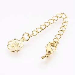 Настоящее золото 18K Латунный удлинитель цепи, с карабин-лобстерами , без кадмия, без никеля и без свинца, долговечный, цветок, реальный 18 k позолоченный, 70~75x3 мм, отверстие : 2.5 мм, застежки: 10x6x3 мм