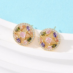 Настоящее золото 18K Латунные плоские круглые серьги-гвоздики с микропаве из кубических цирконий, долговечная тарелка, стойки покрытие, без свинца и без кадмия, реальный 18 k позолоченный, 13 мм