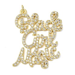 Настоящее золото 18K Латунные микропаве прозрачные подвески с фианитом, слово черная девушка магические амулеты, долговечный, стойки покрытие, без свинца и без кадмия, реальный 18 k позолоченный, 38x29x2 мм, отверстие : 3.5 мм