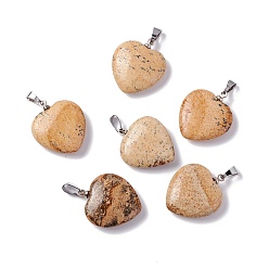 Picture Jasper Natural Picture Jasper Pendants, Heart, with Brass Findings, Platinum, 22~23x20~20.5x6~7.5mm, Hole: 5x8mm