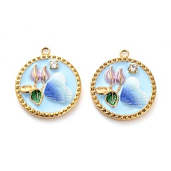 Светло-Синий 304 нержавеющей стальной эмали подвески, смолой и горный хрусталь, плоские круглые с цветком, ионное покрытие (ip), реальный 18 k позолоченный, голубой, 22x19.5x5 мм, отверстие : 1.8 мм