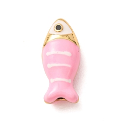Pink Colgantes de latón con esmalte, Peces con dijes de rayas, chapado en rack, larga duración plateado, sin plomo y el cadmio, real 18 k chapado en oro, rosa, 18x8x6.5 mm, agujero: 1.2 mm