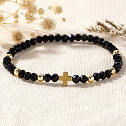 Черный Эластичные браслеты из стеклянных и латунных бусин для женщин, круглые, золотые, чёрные, 6.89 дюйм (17.5 см)