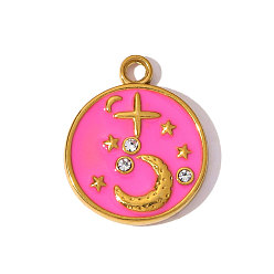 Темно-Розовый 304 нержавеющей стальной эмали подвески, со стразами, круглая плоская подвеска с луной и звездами, ионное покрытие (ip), зеркальная полировка, реальный 18 k позолоченный, темно-розовыми, 21x18 мм