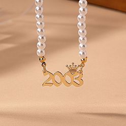 Number Женские ожерелья из круглого белого бисера с имитацией жемчуга и подвеской в виде короны в виде года рождения, золотые, число 2003, 14.96 дюйм (38 см)