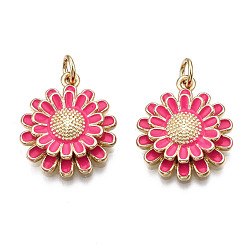 Темно-Розовый Латунь эмаль подвески, без никеля , реальный 16 k позолоченный, с прыжковых колец, хризантема, темно-розовыми, 18.5x16x4 мм, Перейти кольцо: 5x1 мм, внутренний диаметр: 3 мм