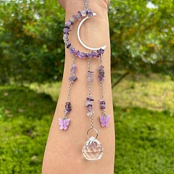 Аметист Обернутые проволокой кусочки натурального аметиста и металлические подвесные украшения в форме луны, стеклянная круглая кисточка для украшения оконного сада, 270x50 мм