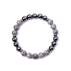 Map Stone Natural Map Stone & Synthetic Non-magnetic Hematite Round Beads Stretch Bracelets for Women Men, with 304 Stainless Steel, 7.28 inch(18.5cm)~7.48 inch(19cm)