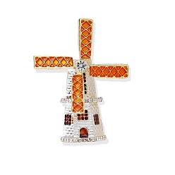 Оранжевый Брошь из цинкового сплава, эмалевая булавка ветряная мельница со стразами, оранжевые, 43x33 мм