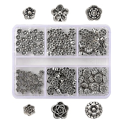 Argent Antique 120 pcs 6 perles de fleurs en alliage de style tibétain, argent antique, 4.5~7.5x3~4mm, Trou: 1~1.5mm, 20 pcs / style