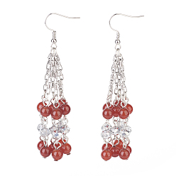 Natural Agate Natural Carnelian/Red Agate Tassels Dangle Earrings, with Brass Earring Hooks, 304 Stainless Steel Chains and Electroplate Glass Beads, Round, Platinum, 80mm, Pin: 0.7mm