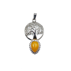 Топаз Нефрит Подвески-капли из нефрита с натуральным топазом, Подвески «Древо жизни» с металлическими фурнитурой с платиновым покрытием, 49x26 мм