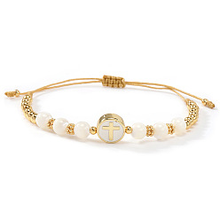 Раковина Минималистичные регулируемые браслеты из натуральных ракушечных бусин, сплетенные из бусин., ювелирные изделия из латуни с эмалью для женщин, плоские круглые с крестом, 11.02 дюйм (28 см)