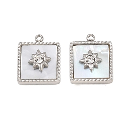 Stainless Steel Color 304 Stainless Steel & Natural Freshwater Shell & Rhinestone Pendants, Square with North Star Charm, Stainless Steel Color, 14.5x12x4mm, Hole: 1.2mm