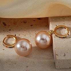Pink Круглые серьги-кольца с искусственным жемчугом из латуни, золотые, с кубического циркония, розовые, 30x14 мм