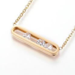 Golden 304 Stainless Steel Pendant Necklaces, with Cubic Zirconia and Lobster Claw Clasps, Cable Chains, Rectangle, Golden, 17.3 inch(44cm)