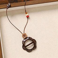 Flower Natural Coconut Pendant Adjustable Leather Cord Long Necklaces with Wood Beads, Coconut Brown, Flower, 31.50 inch(80cm), Pendant: 52x48mm