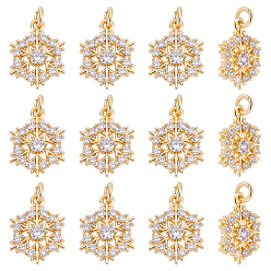 Real 18K Gold Plated 12Pcs Brass Micro Pave Cubic Zirconia Pendants, Snowflake Charms, Cadmium Free & Lead Free, Rack Plating, Long-Lasting Plated, with Jump Ring, Real 18K Gold Plated, 14x10.5x2.5mm, Hole: 1.8mm